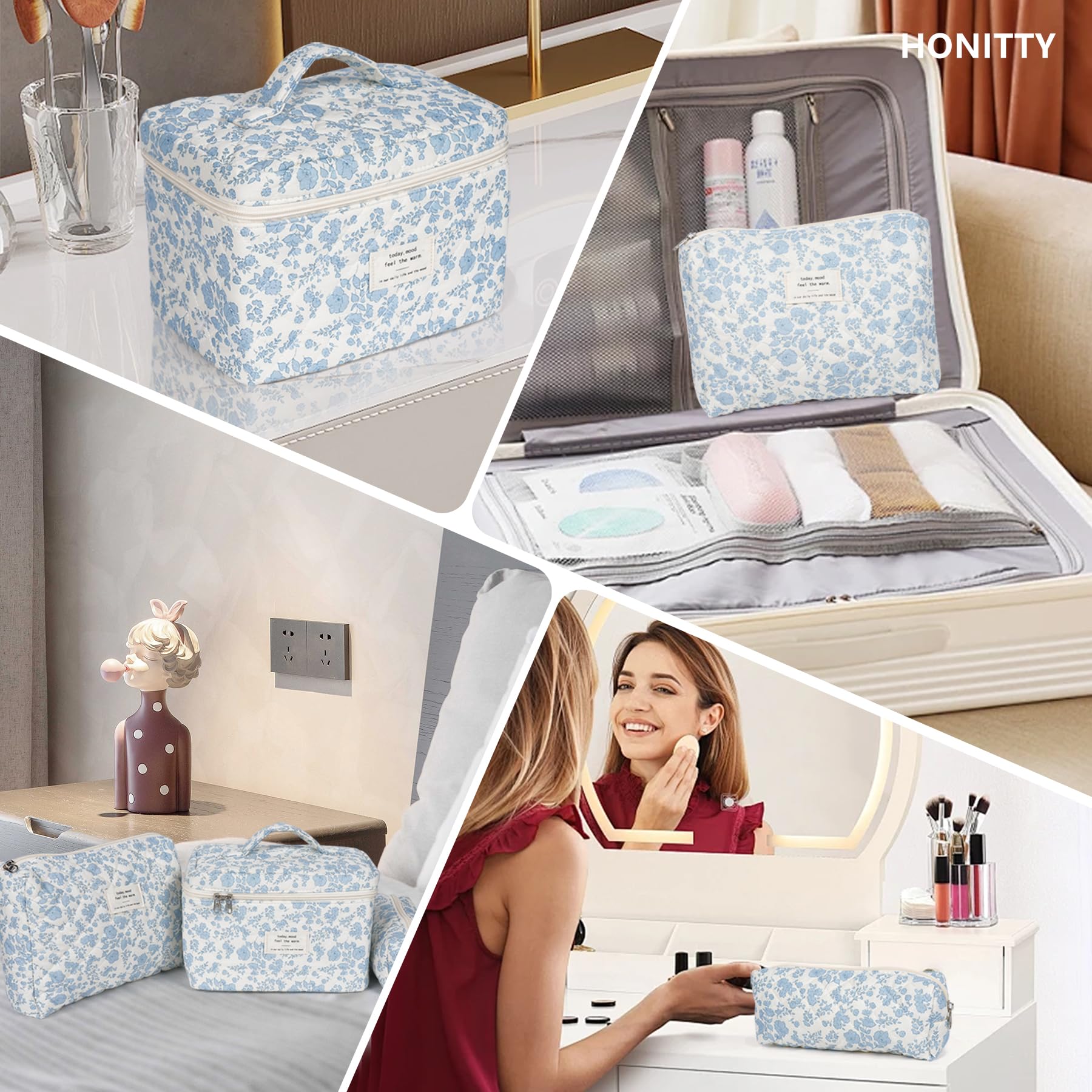 Honitty foldable quilted makeup bag close-up highlighting space-saving design