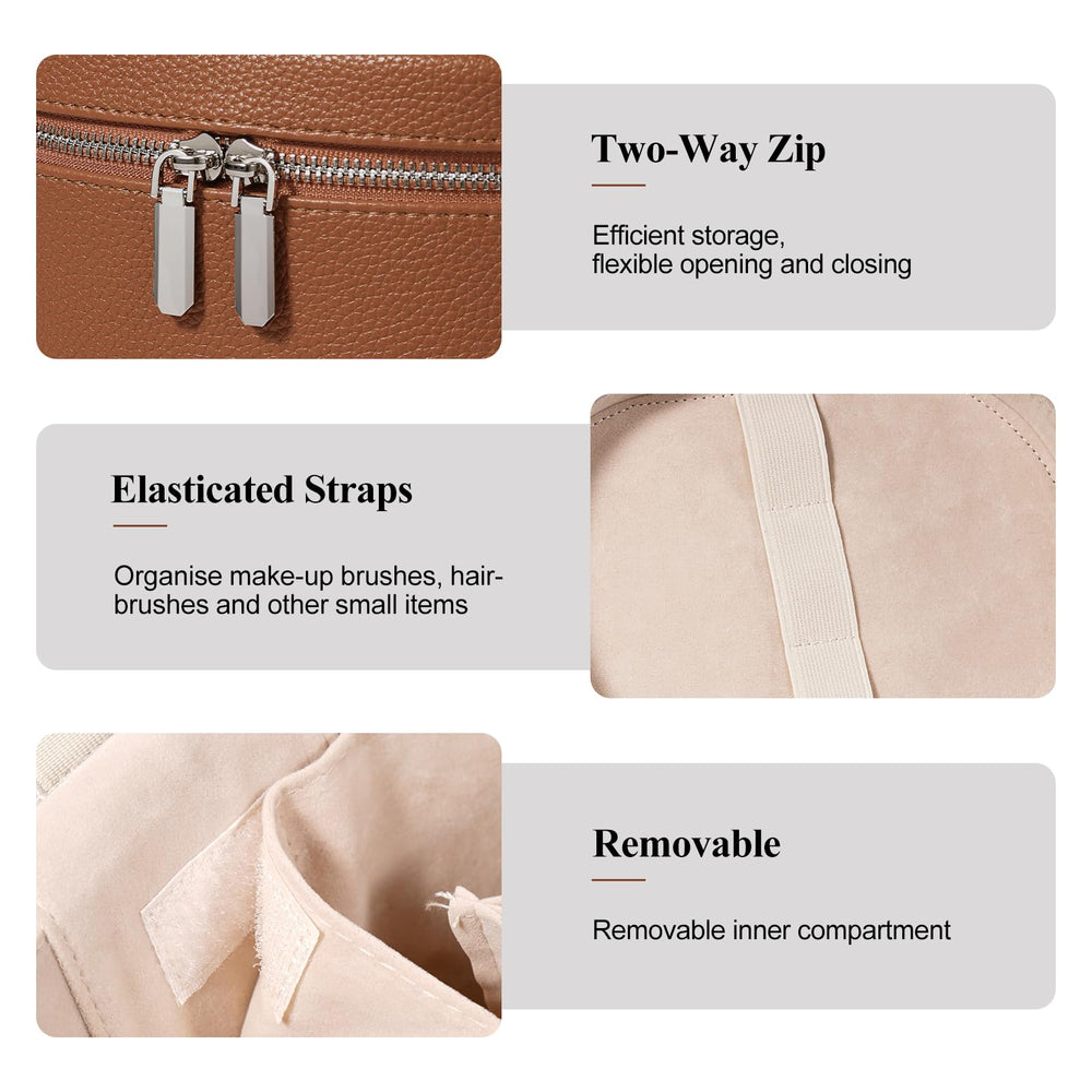 Honitty makeup bag handle enables easy carrying and upright storage