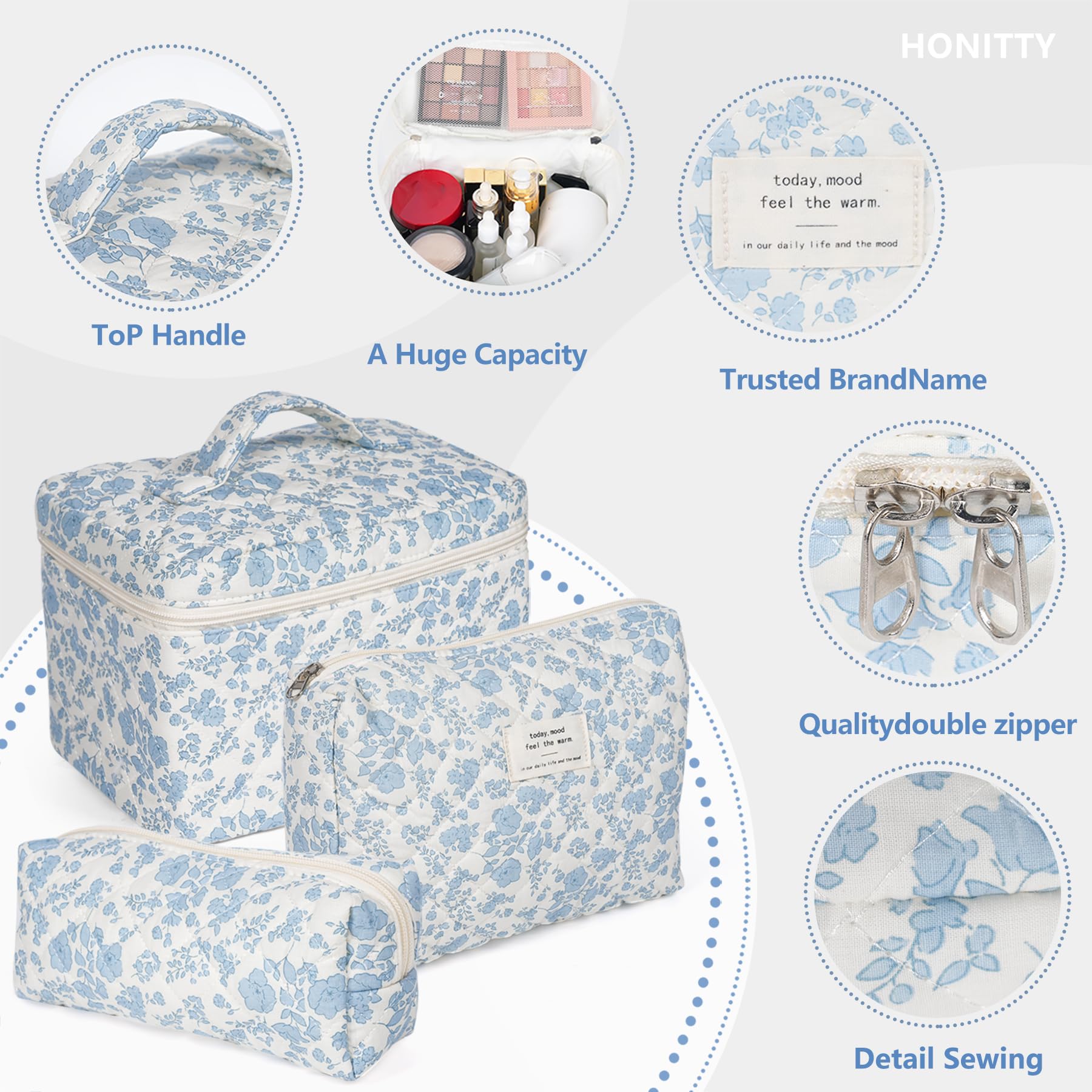 Honitty three-piece makeup bag set opened to reveal versatile sizes
