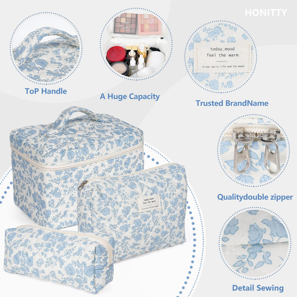 Honitty three-piece makeup bag set opened to reveal versatile sizes