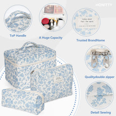 Honitty three-piece makeup bag set opened to reveal versatile sizes