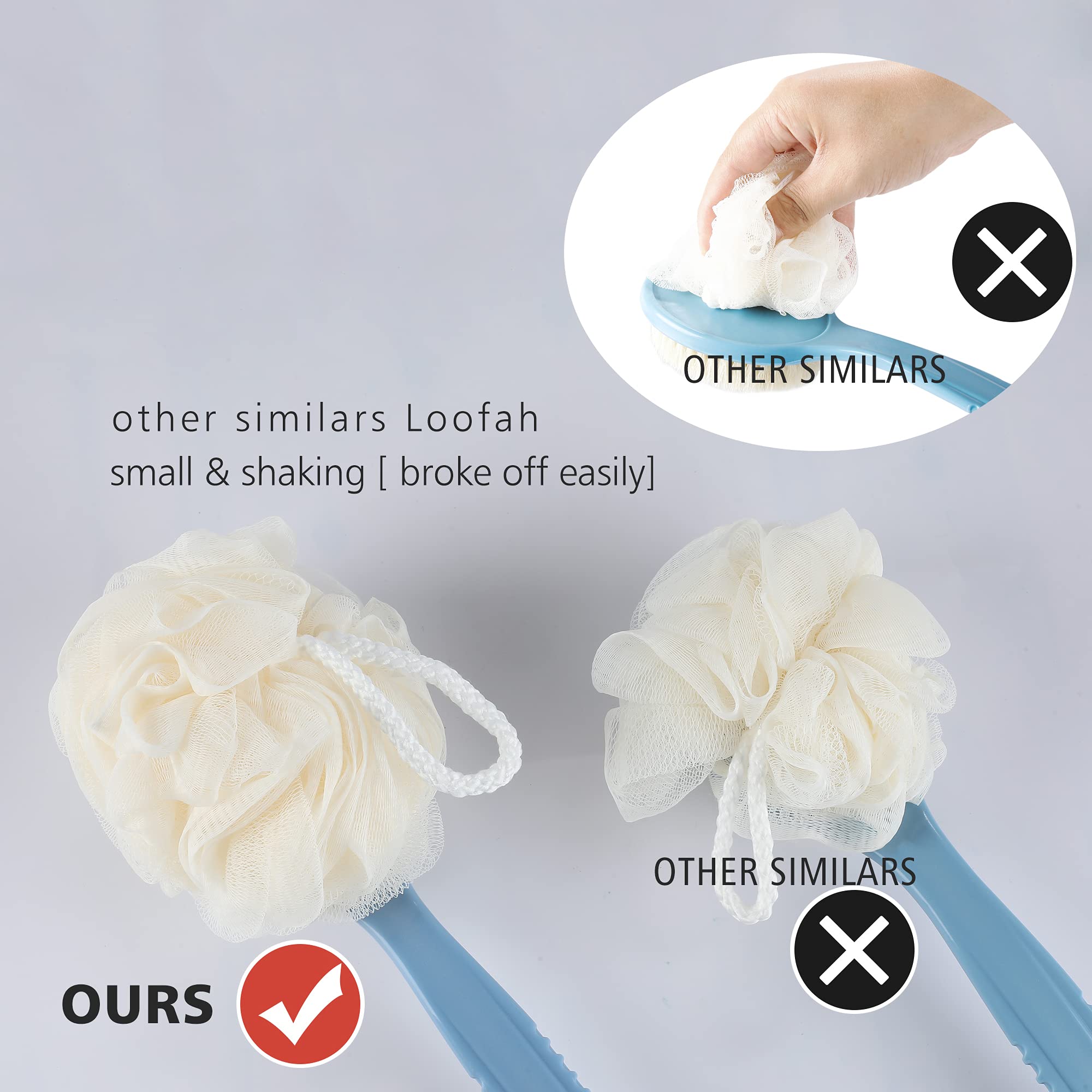 HONOMA curved long-handle back scrubber enables easy reach to the back.