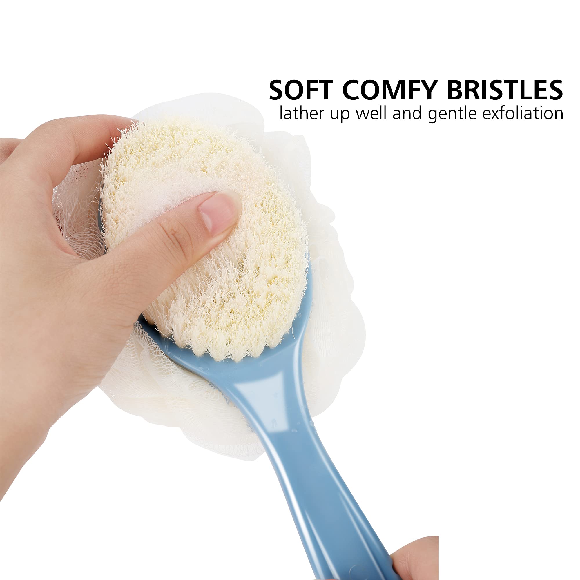 HONOMA two-in-one design combines brush and loofah for versatile bathing routines.