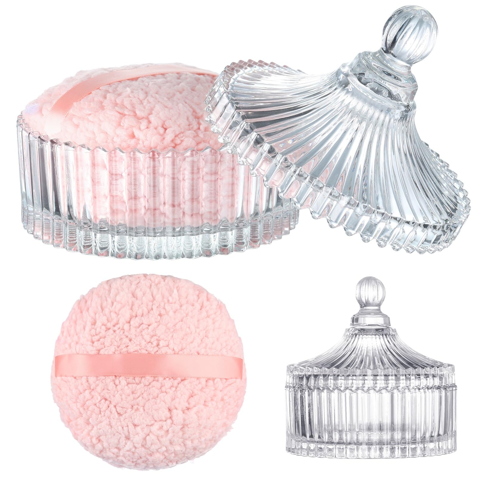 HONSIO Extra Large powder puff and crystal glass container for even body powder application.