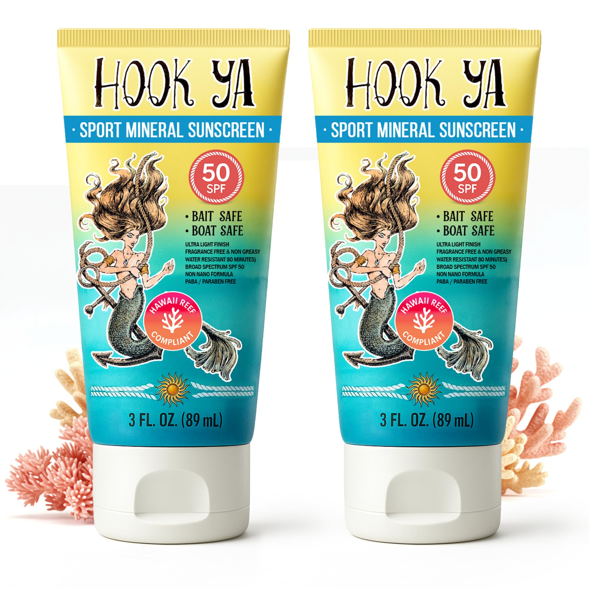 Hook'Ya Hawaii reef-safe mineral sunscreen in travel size SPF 50 for beach days.