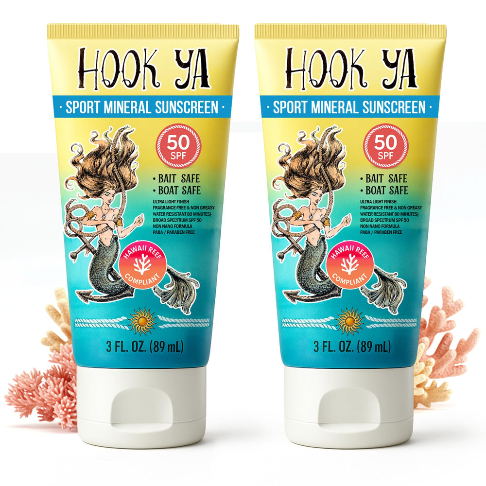 Hook'Ya Hawaii reef-safe mineral sunscreen in travel size SPF 50 for beach days.
