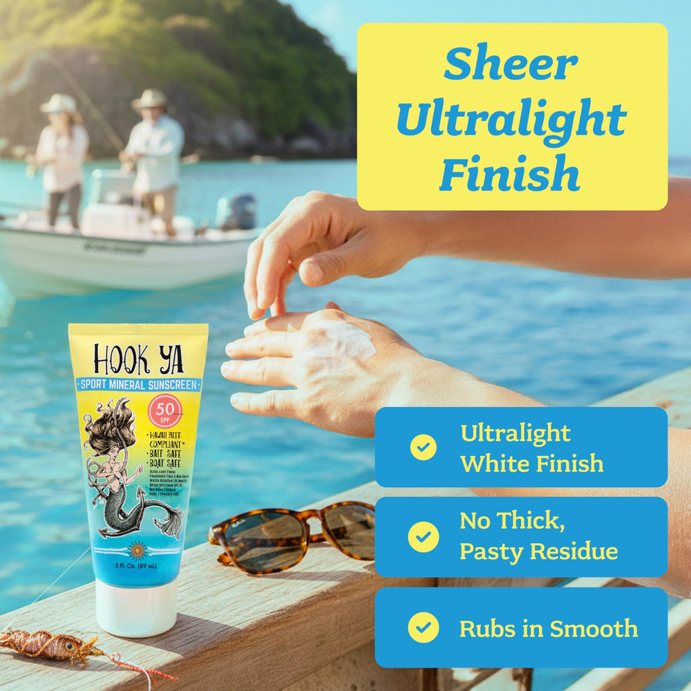 Hook'Ya SPF 50 sunscreen bottle with water resistance for offshore adventures.