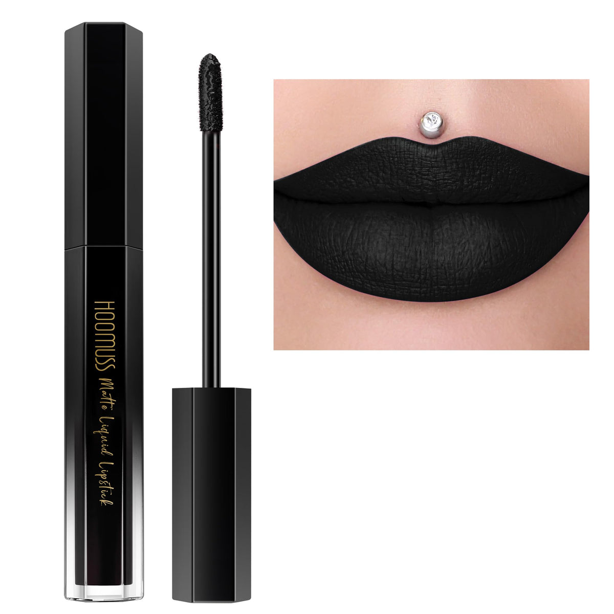HOOMUSS Black Swan lipstick close-up shows rich matte color for bold everyday wear.