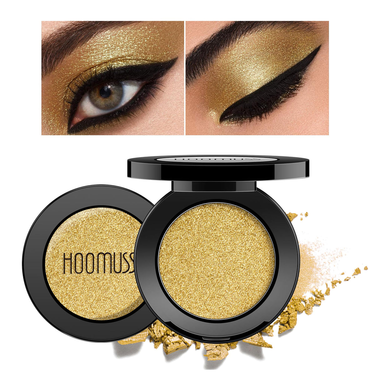 HOOMUSS Gold Eyeshadow single pod with shimmering gold pigment for crease-proof daily wear.