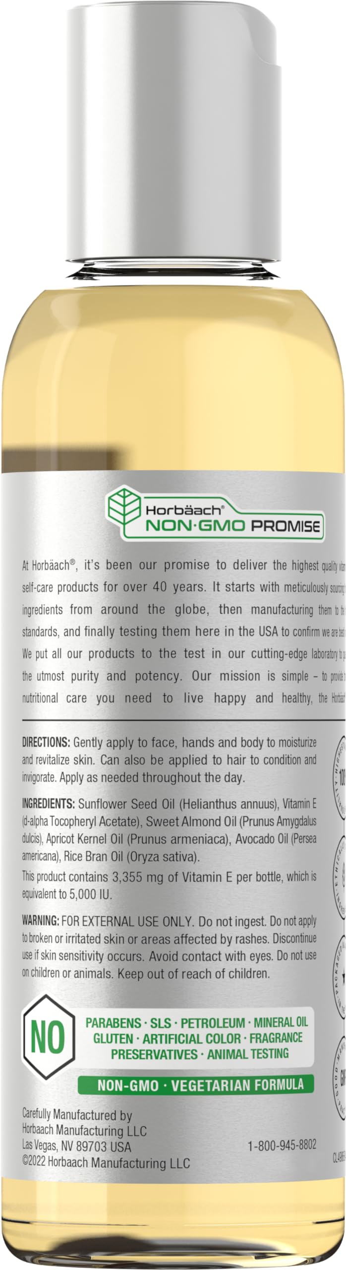 Closeup of Horbäach label highlighting vegetarian formula and safety