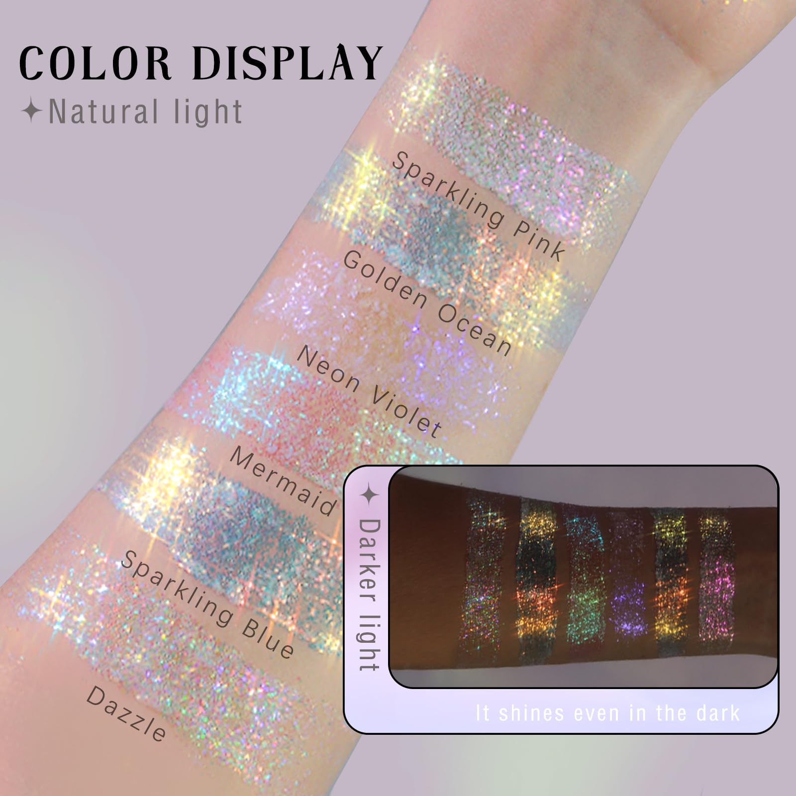 HOSAILY brillo holografico con aplicador rodante, cambia de color bajo la luz para efecto unico.