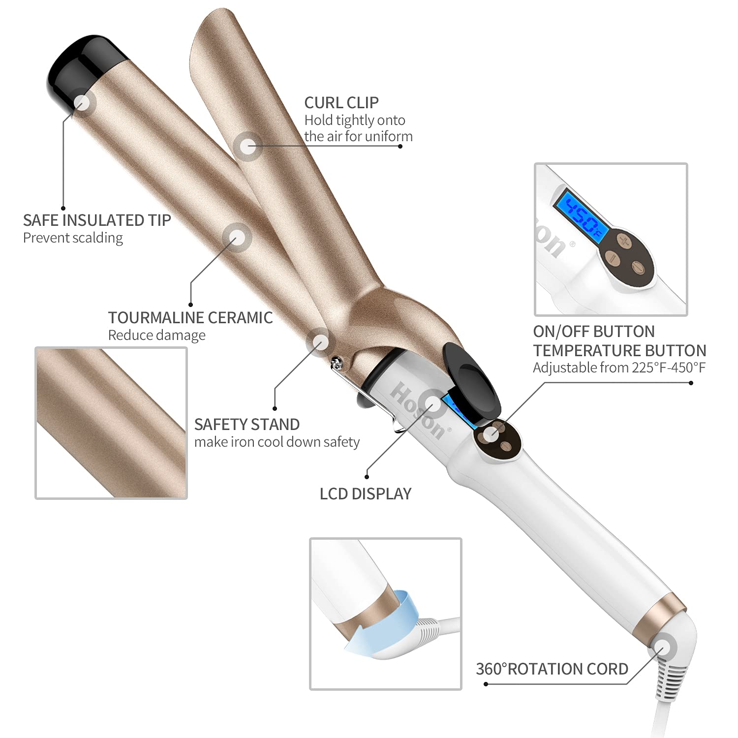 Hoson curling iron anti-scald tip and included glove boost safe styling.