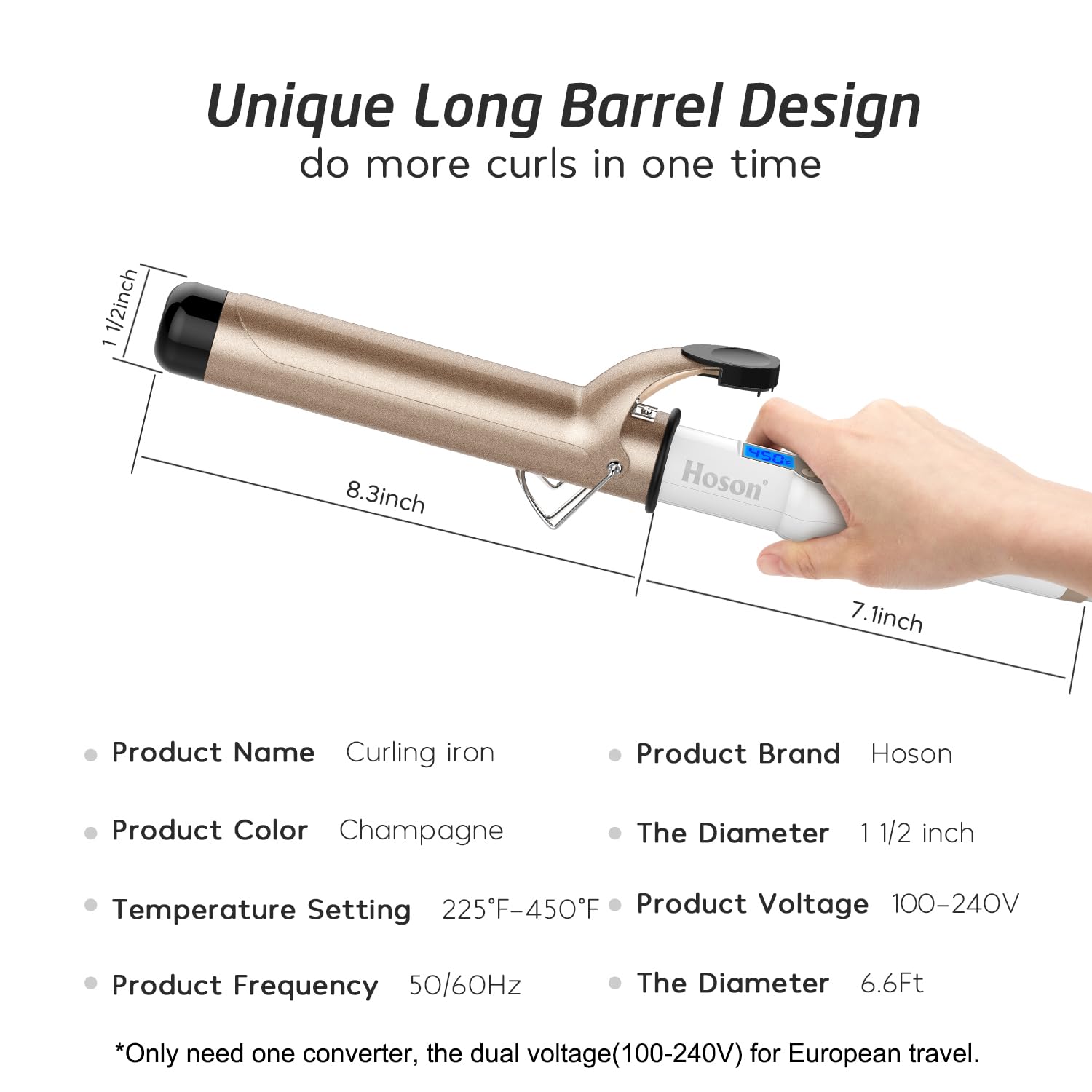 Hoson curling iron dual voltage ensures worldwide travel readiness.