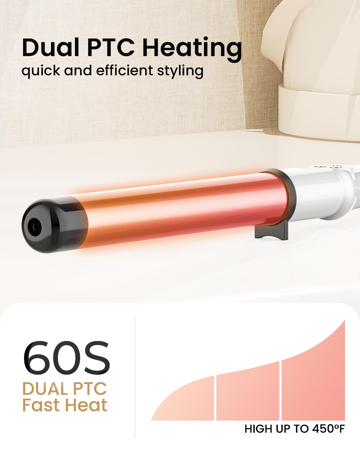 Hoson curling wand heats up in 60 seconds for quick styling sessions.