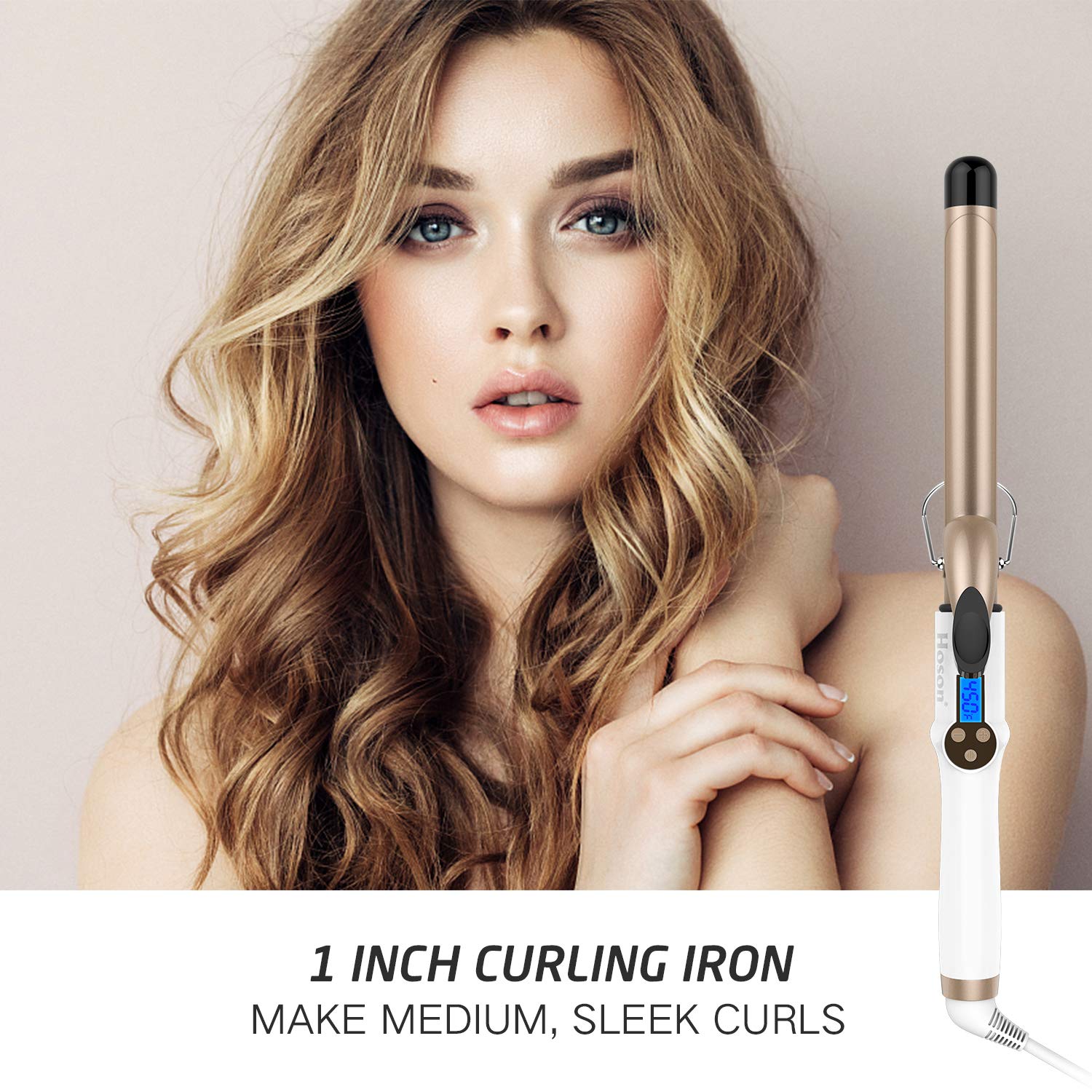 Hoson curling iron LCD display shows precise temperature control for styling.