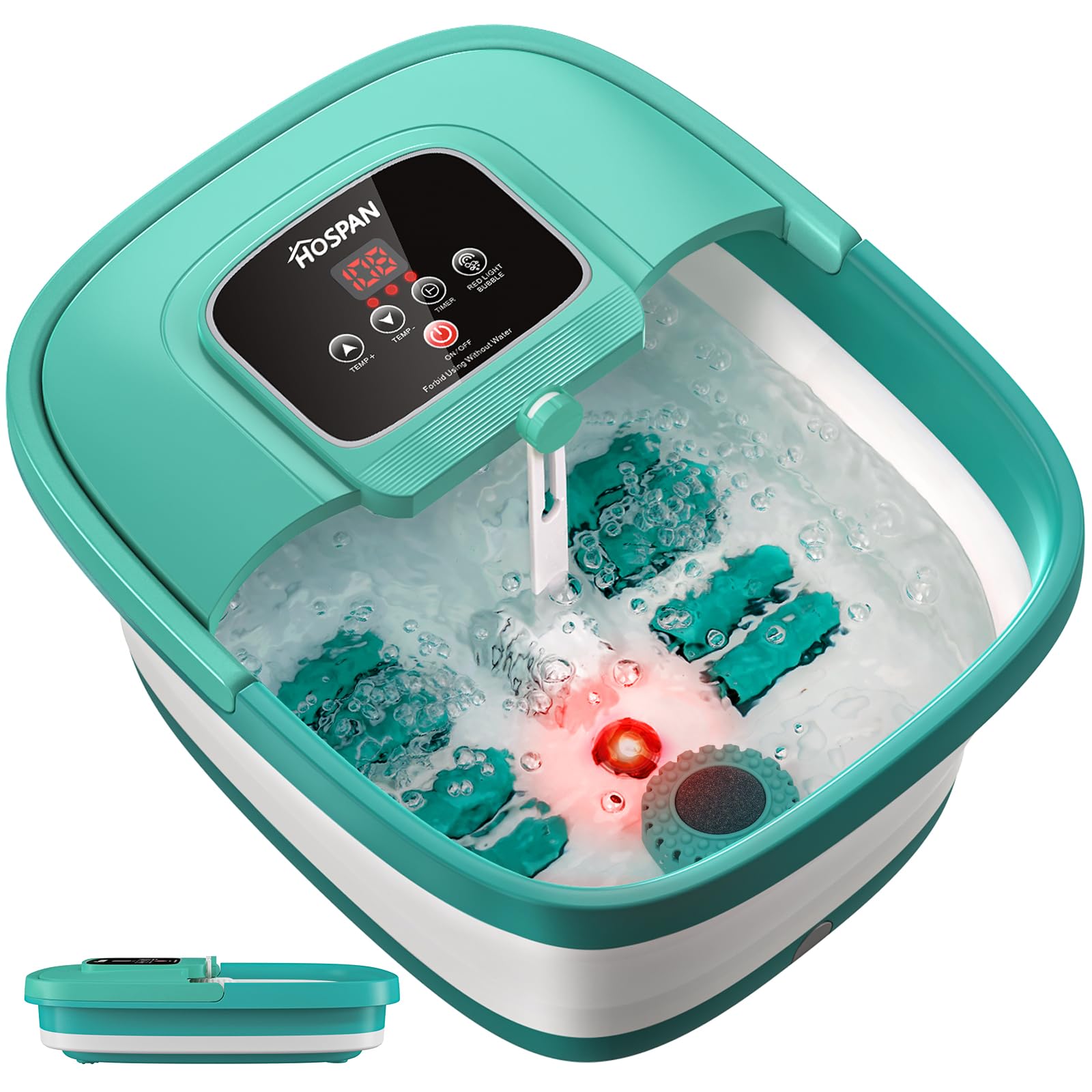 HOSPAN FS01A collapsible foot spa showing heat, bubbles, and red light for relaxing soak.