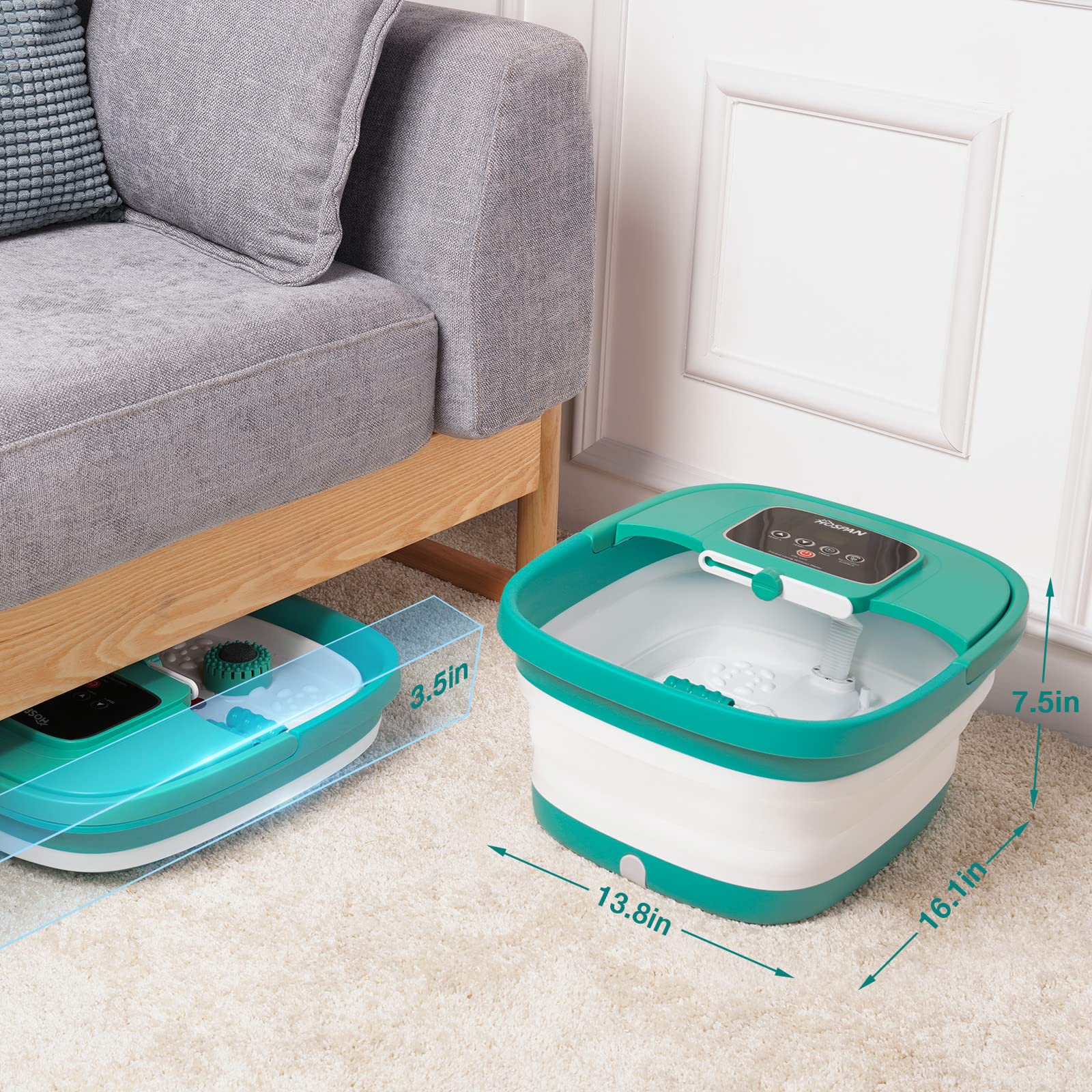 HOSPAN collapsible foot spa stored compactly under furniture after use.