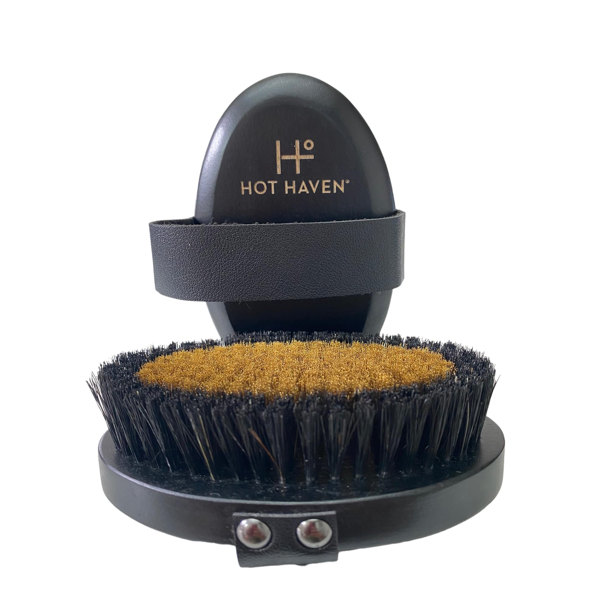 HOT HAVEN Ionic Copper Dry Brush close-up highlighting exfoliating copper bristles