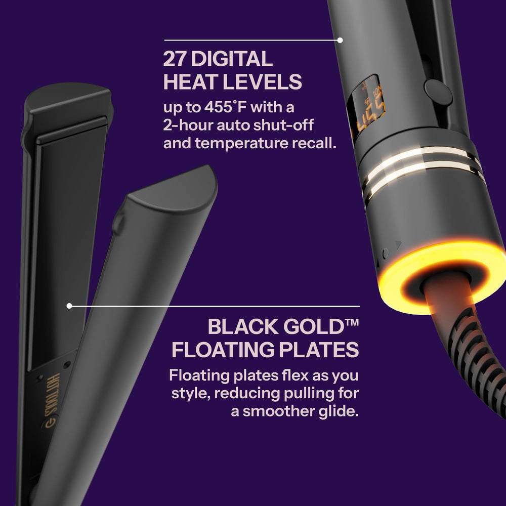 Hot Tools Black Gold flat iron shows even heat across a digital display.