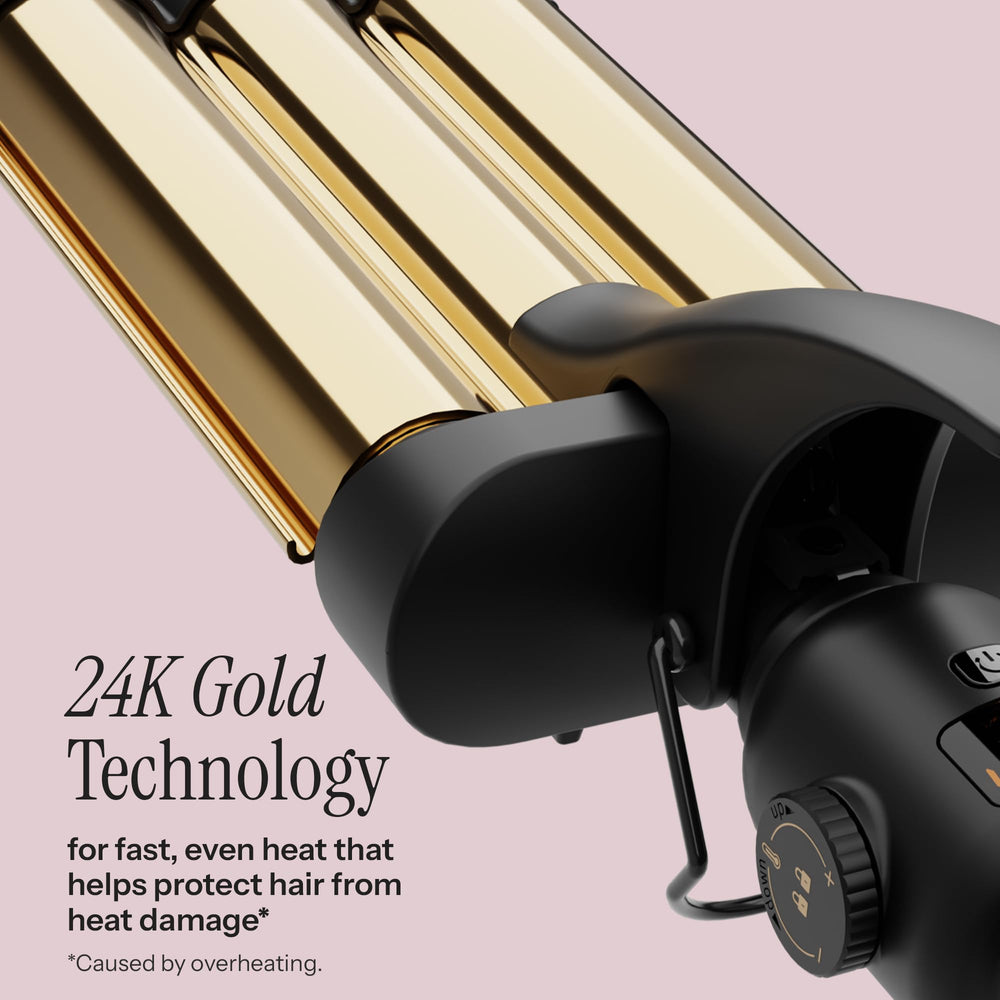 Hot Tools Pro Artist 24K Gold Three Barrel Waver digital display shows precise heat control.