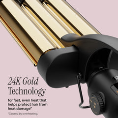 Hot Tools Pro Artist 24K Gold Three Barrel Waver digital display shows precise heat control.