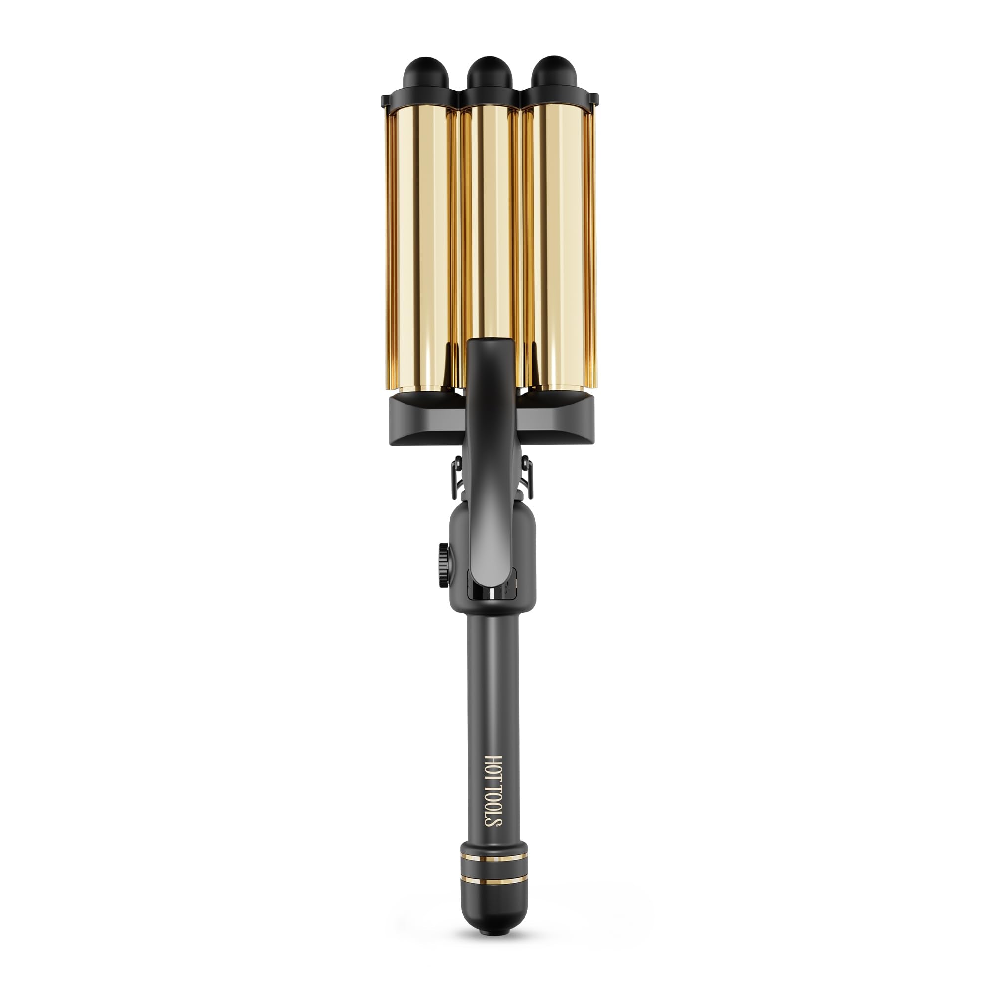 Hot Tools Pro Artist 24K Gold Three Barrel Waver front view showing jumbo barrels for smooth waves.