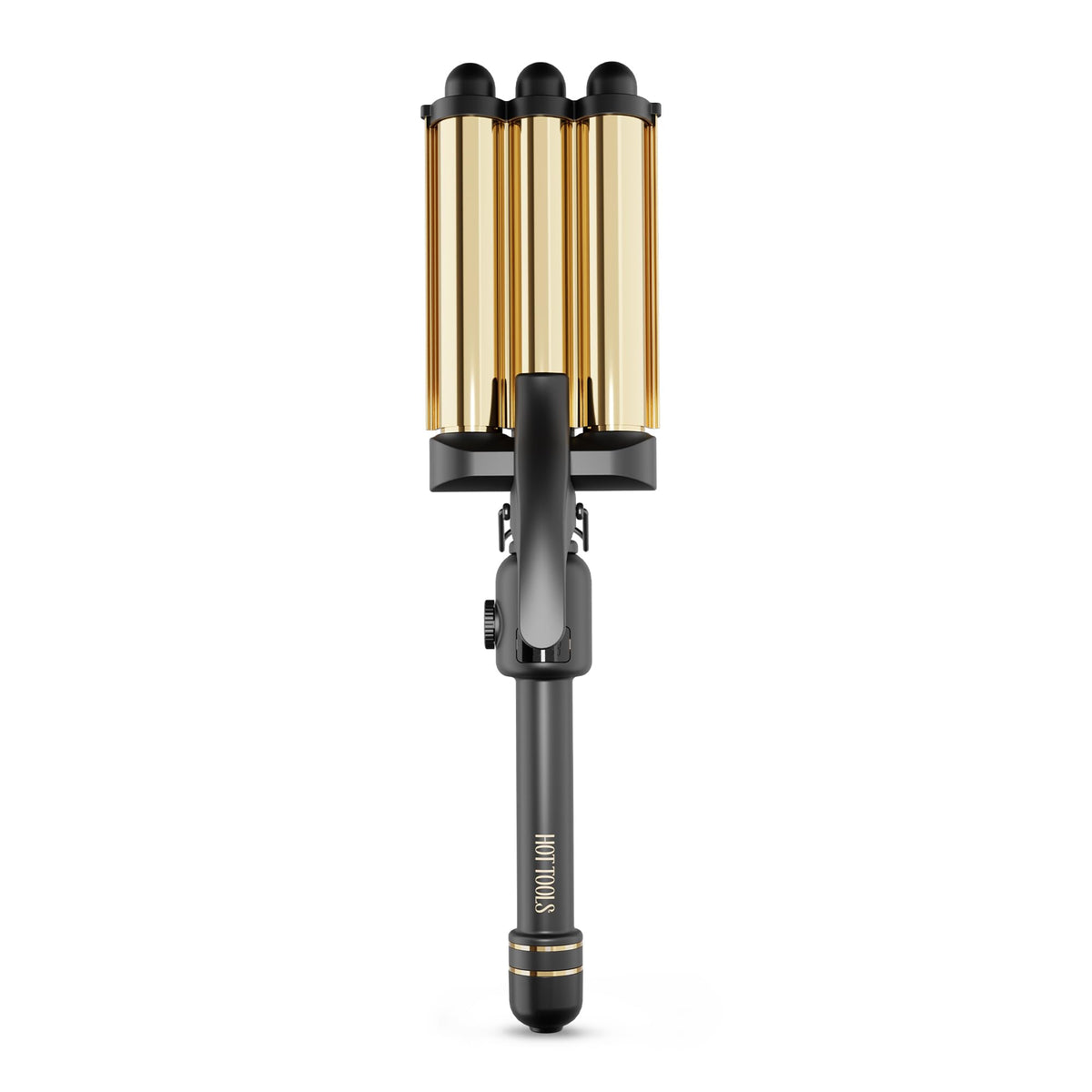 Hot Tools Pro Artist 24K Gold Three Barrel Waver front view showing jumbo barrels for smooth waves.