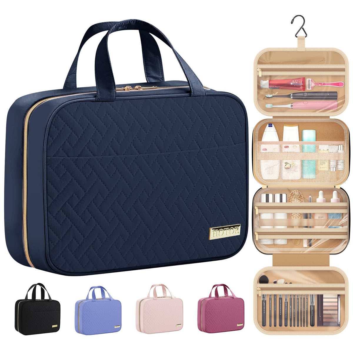 HOTOR travel toiletry bag with hanging hook, closed, showing compact setup.