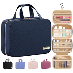 HOTOR travel toiletry bag with hanging hook, closed, showing compact setup.