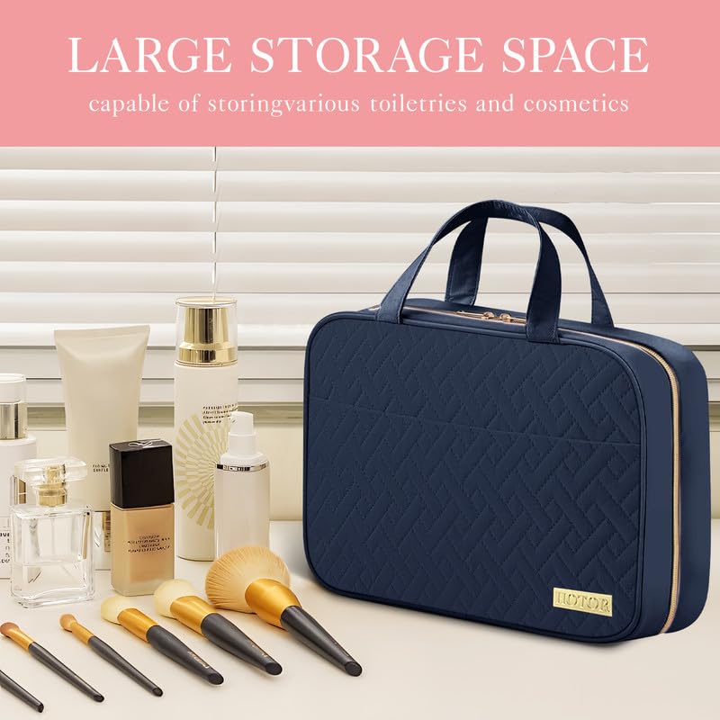 HOTOR travel toiletry bag with hanging hook, opened, reveals organized interior.