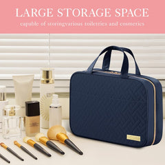 HOTOR travel toiletry bag with hanging hook, opened, reveals organized interior.