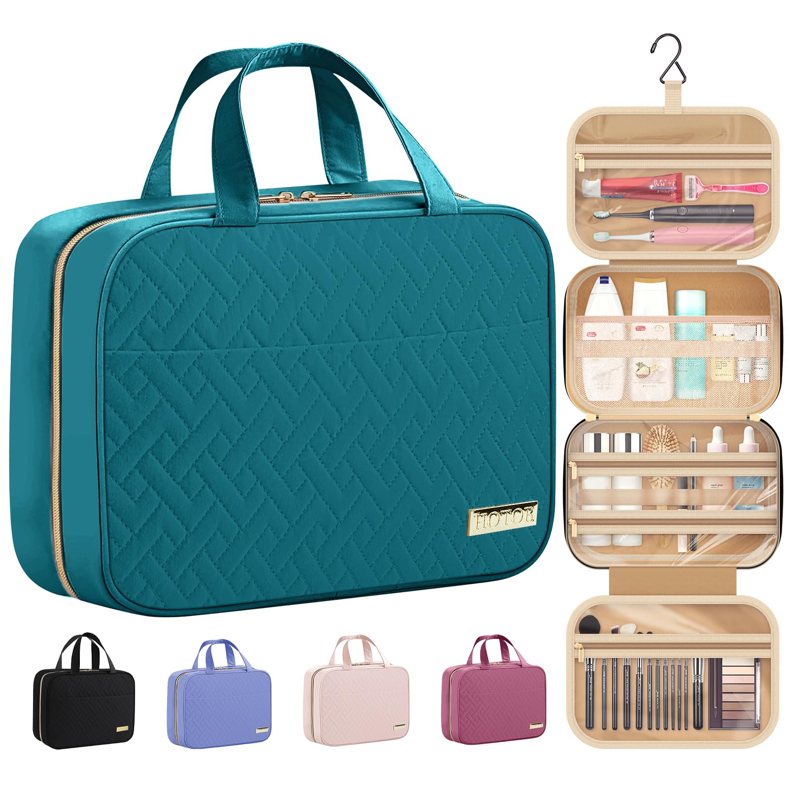 Hotor travel toiletry bag with hanging hook for easy access during travel.