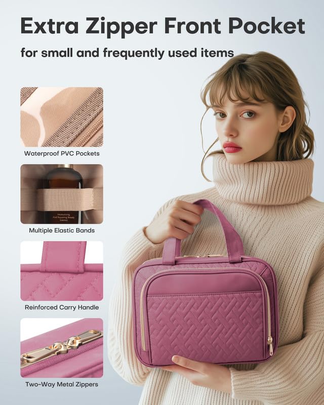 HOTOR travel toiletry bag hanging hook lets you hang it in bathrooms.