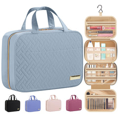 HOTOR travel toiletry bag hanging open showcases spacious compartments for essentials.
