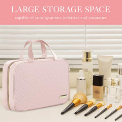 HOTOR travel toiletry bag hanging open, showing spacious interior and compartments.