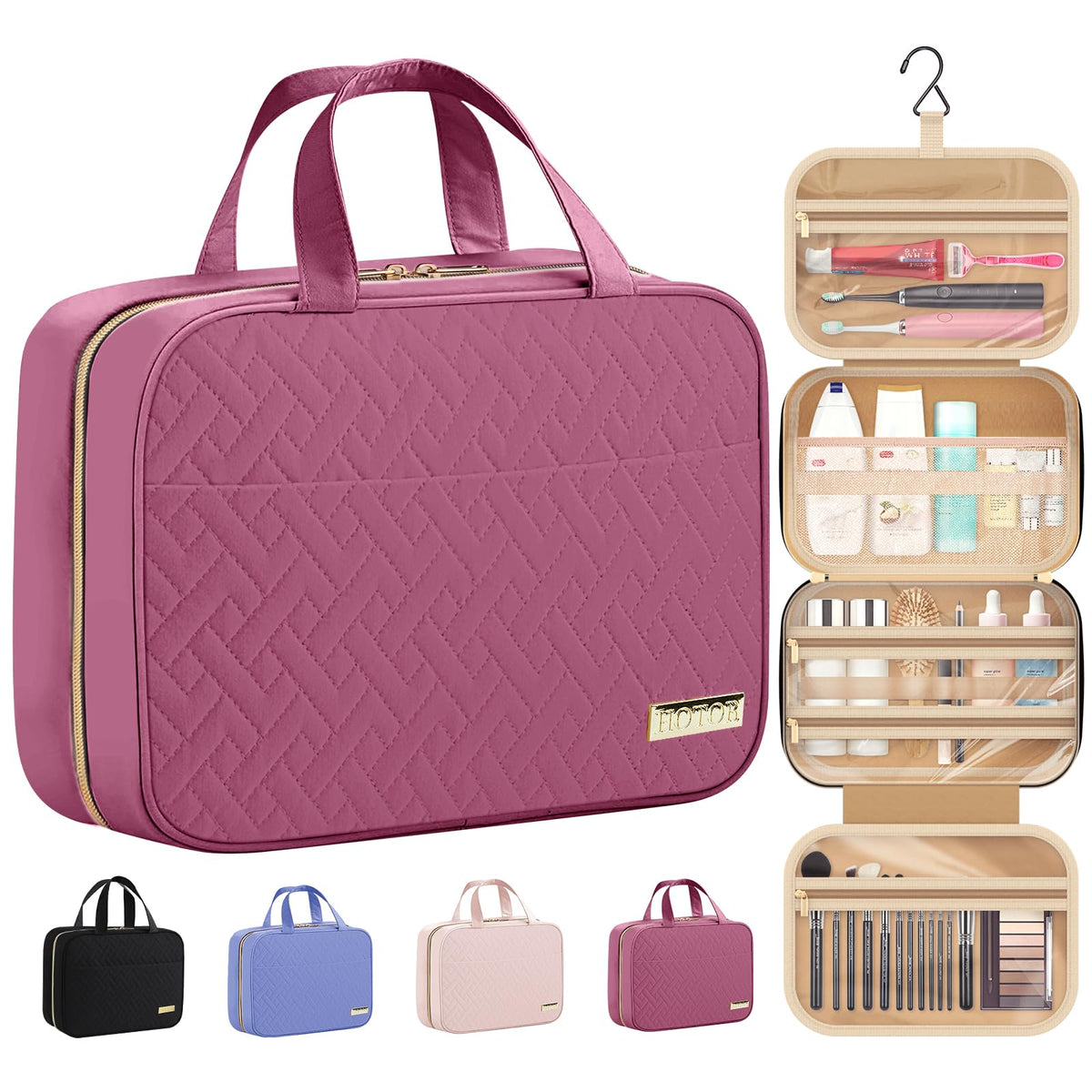 HOTOR travel toiletry bag hanging on a hook shows easy bathroom access and organization
