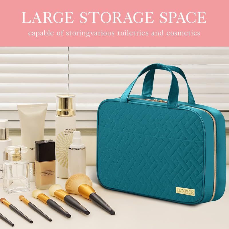 Hotor travel toiletry bag opened to reveal organized compartments and easy visibility.