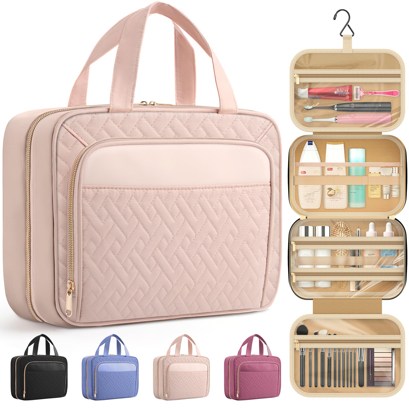 HOTOR Travel Toiletry Bag pale pink with open compartments for quick access.