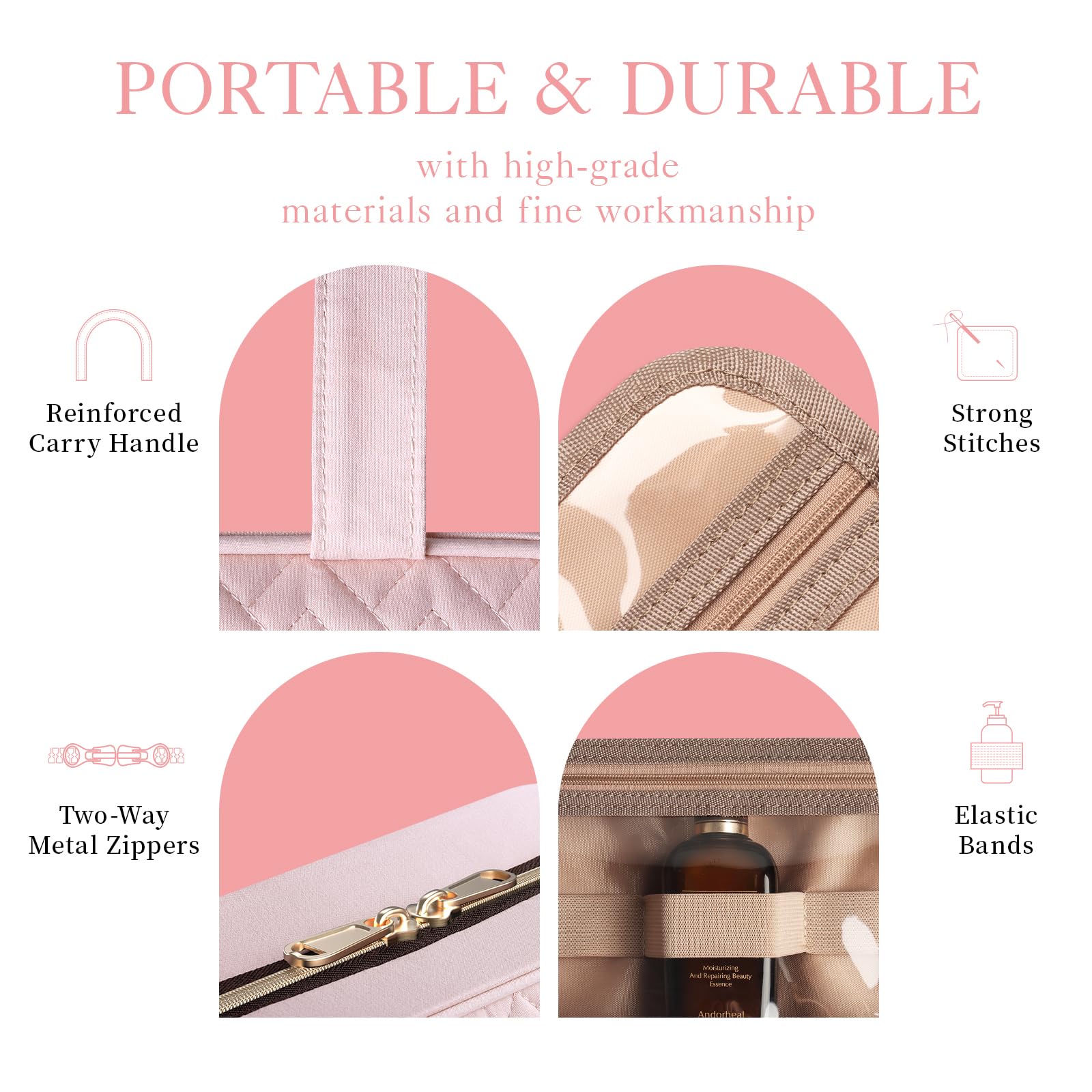 HOTOR travel toiletry bag with waterproof leakproof pockets, ideal for travel and home use.