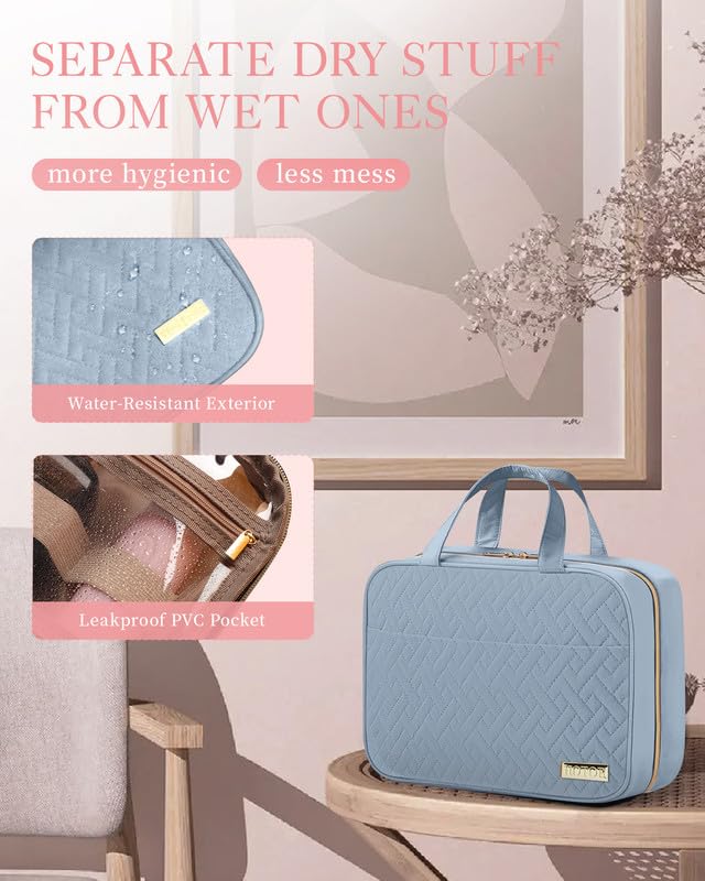 HOTOR travel toiletry bag waterproof material protects contents during travel.