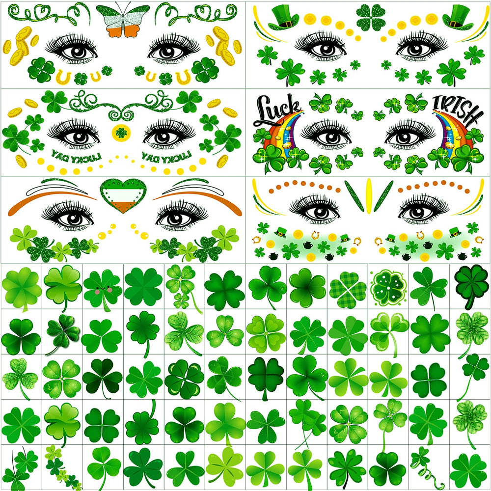 Hotoyannia glitter face tattoos add festive shamrock sparkle for vibrant party looks.