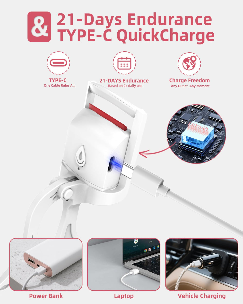 HOTRYEE Type-C charging cord shown with the eyelash curler