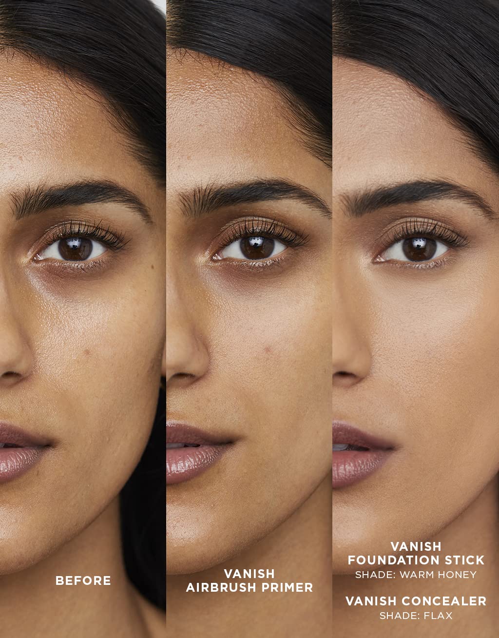 Hourglass Vanish Airbrush Primer before-after image highlights smoother skin and extended wear.