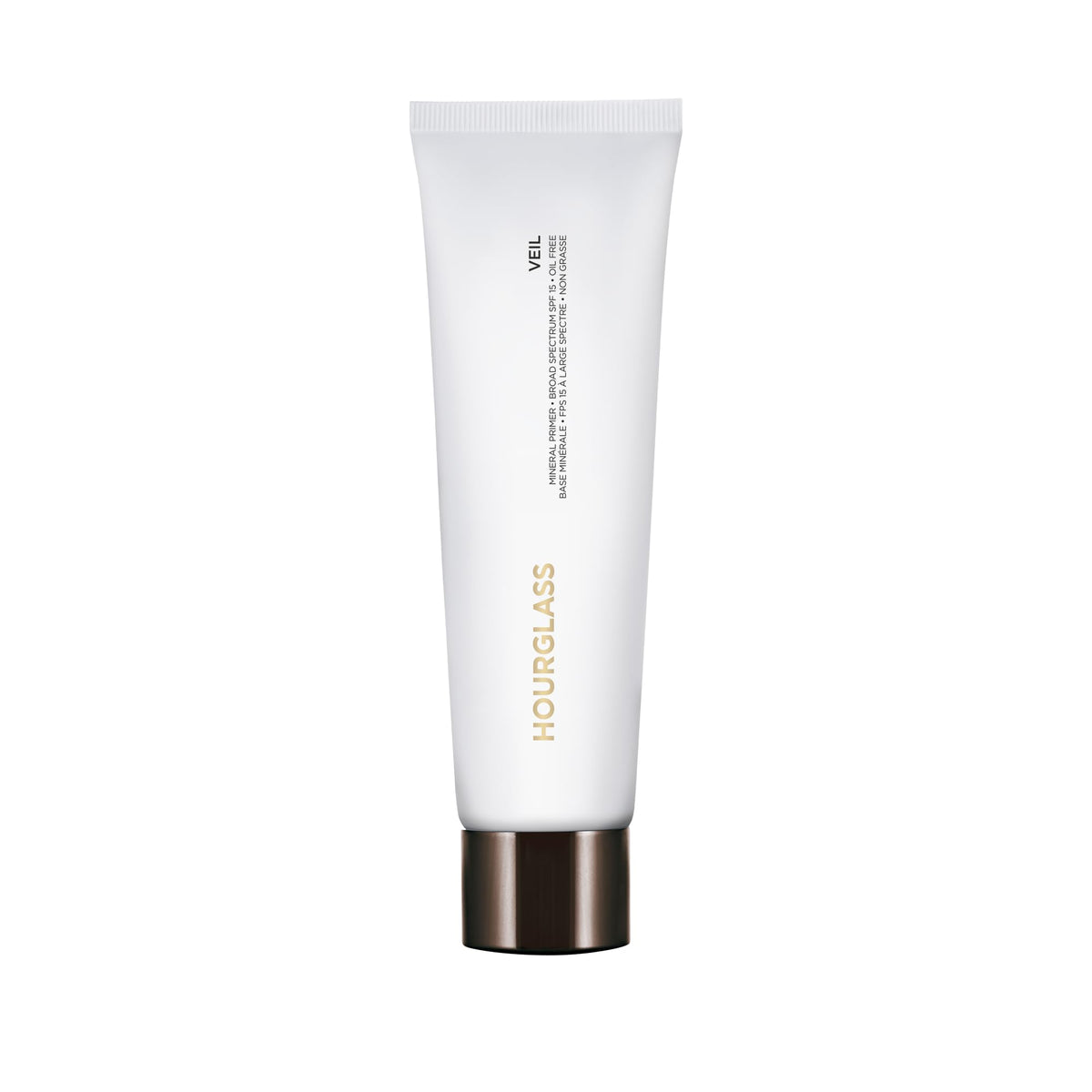Hourglass Veil Mineral Primer bottle close-up; silky texture for a smooth makeup base.