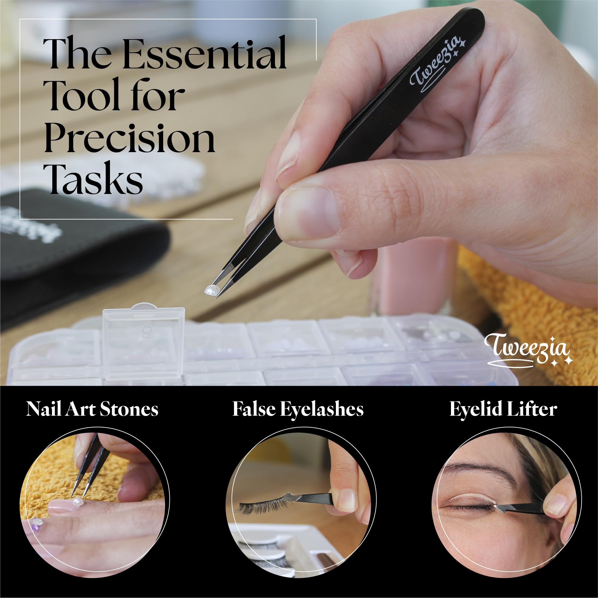 Pointed-tip tweezers enable precise plucking.