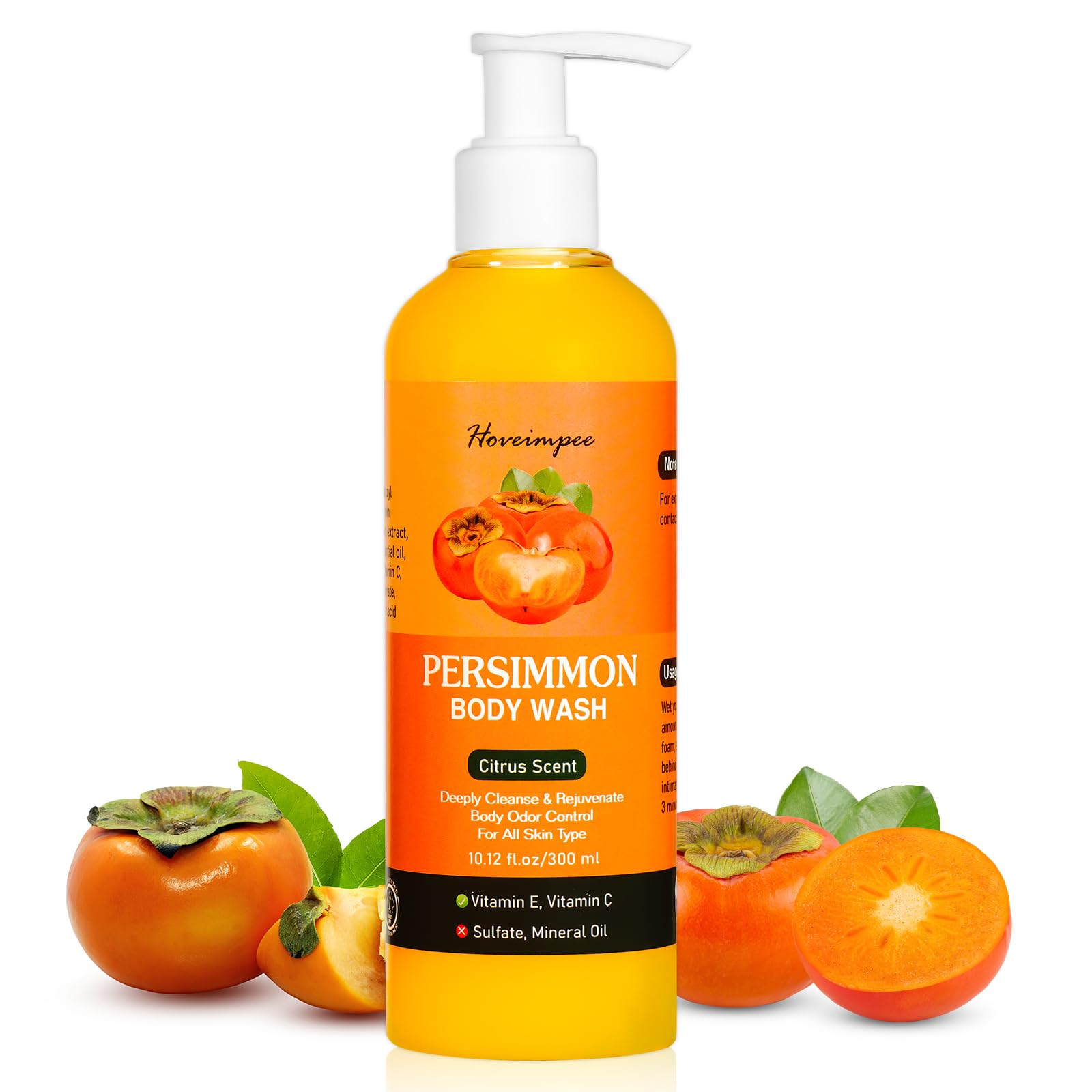 Hoveimpee gel persimon, botella vista frontal, promesa de frescura en la ducha.