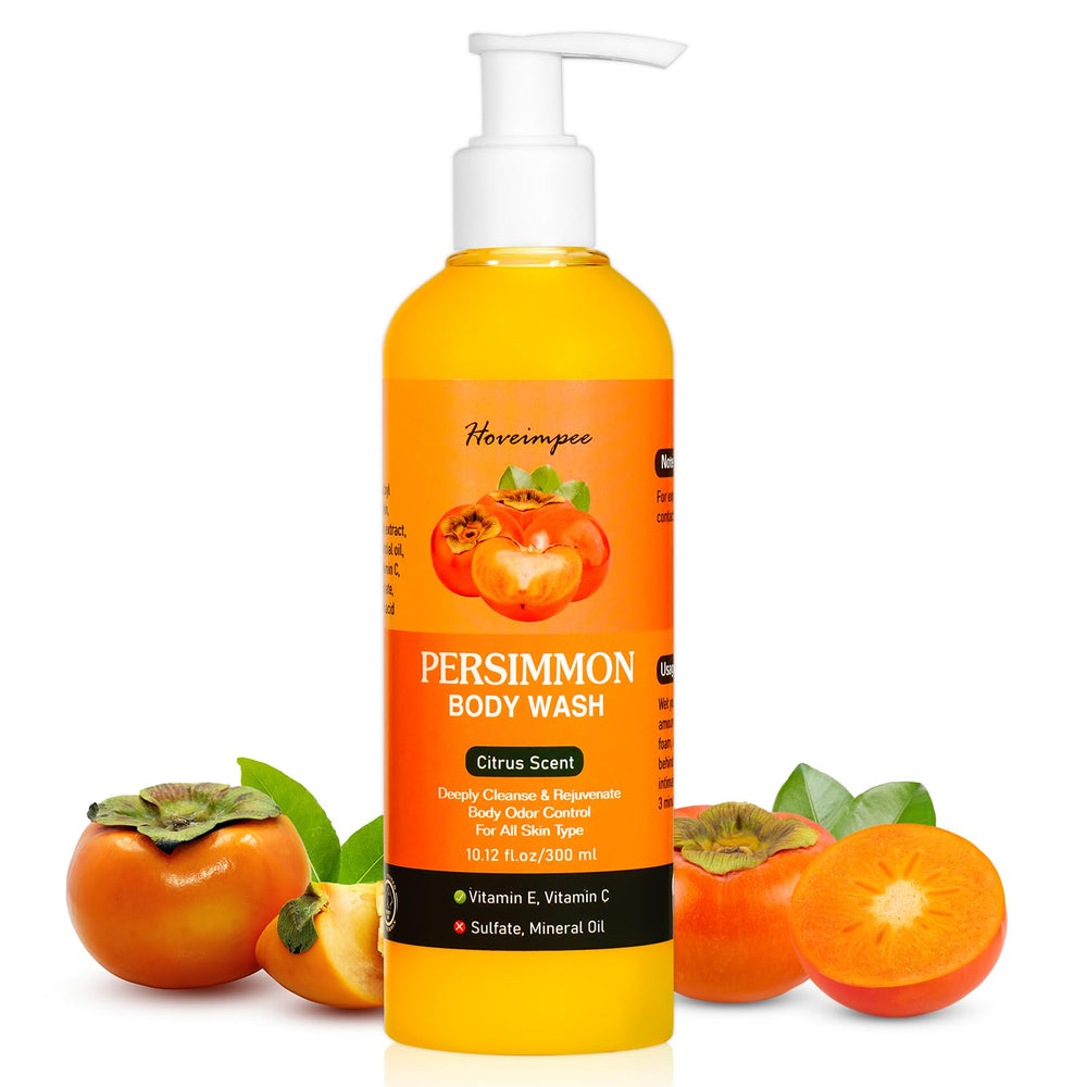 Hoveimpee gel persimon, botella vista frontal, promesa de frescura en la ducha.