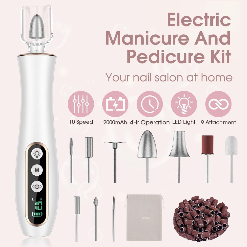 Hoxida 360-degree LED illumination highlights the nail area during filing.