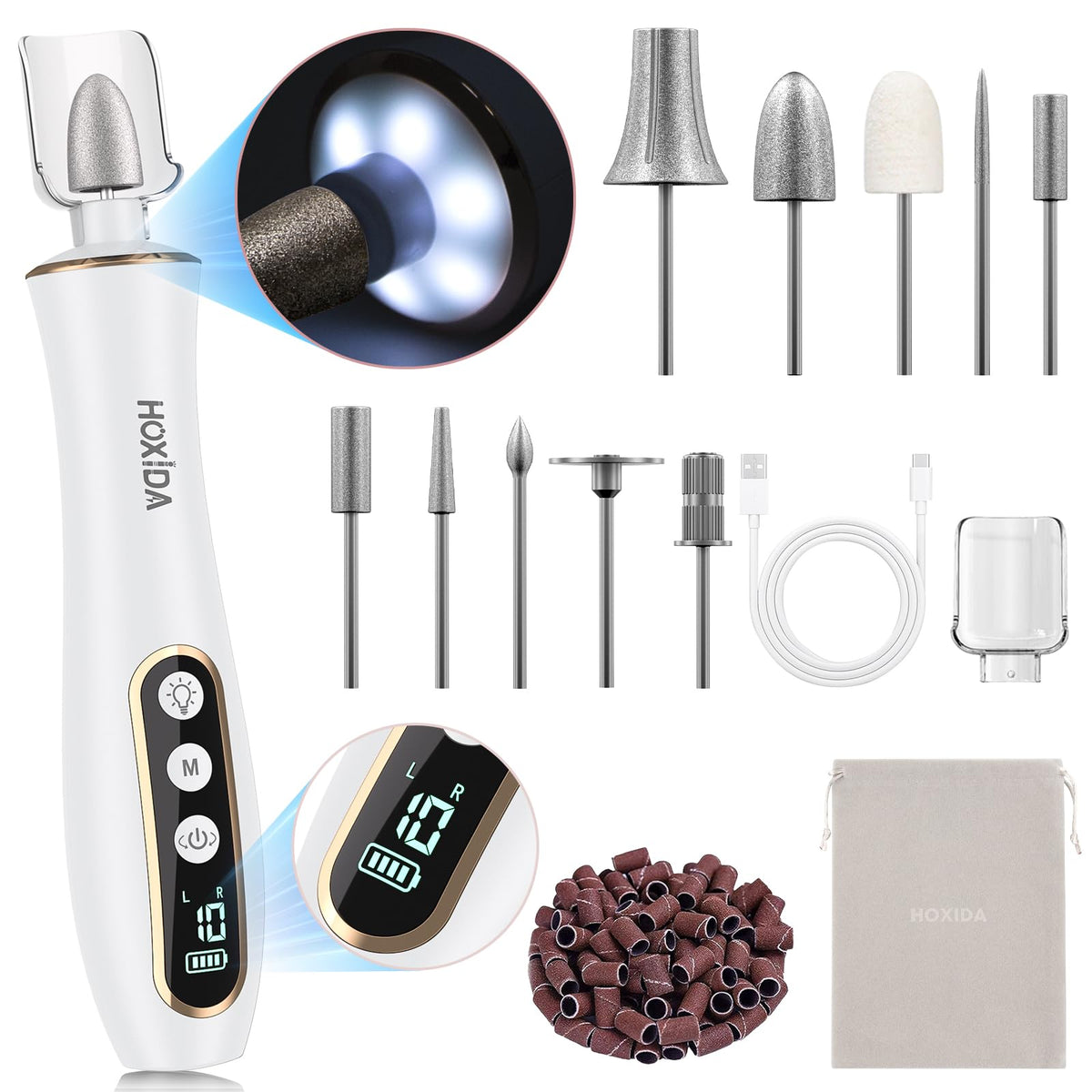 Hoxida cordless nail drill with LED light for precise home manicures.