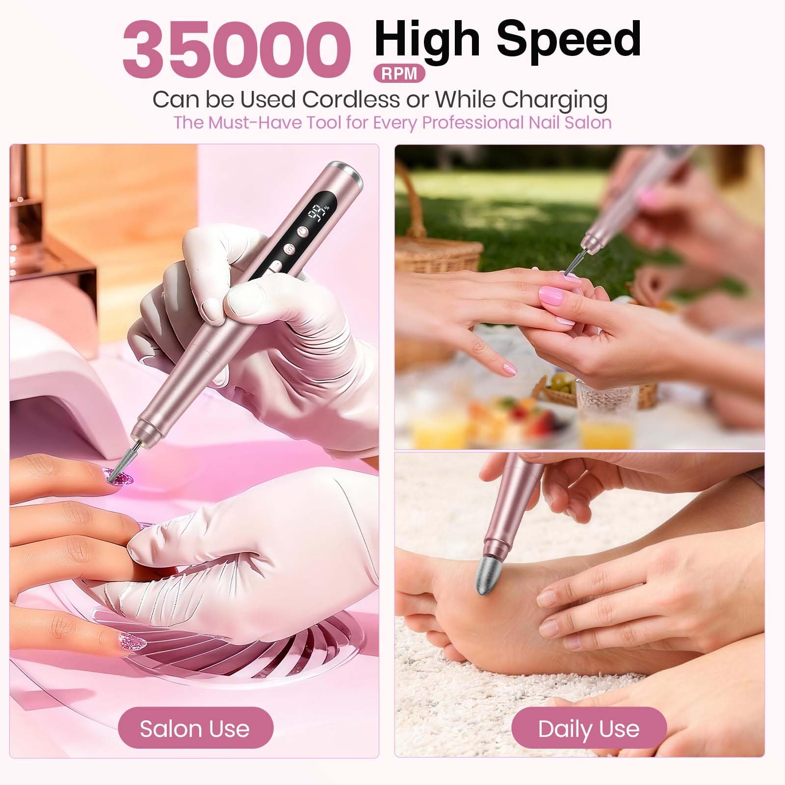 Hoxida cordless nail drill features Type-C charging for quick replenishment.
